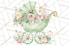 Baby Shower Clipart, Vintage Stroller Png Watercolor Product Image 3