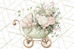 Baby Shower Clipart, Vintage Stroller Png Watercolor Product Image 5