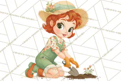 Vintage Gardener Clipart Cute Retro Girl Garden PNG Product Image 4