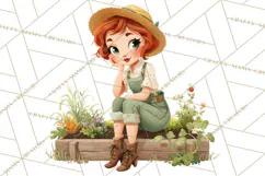 Vintage Gardener Clipart Cute Retro Girl Garden PNG Product Image 2