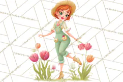 Vintage Gardener Clipart Cute Retro Girl Garden PNG Product Image 3