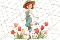 Vintage Gardener Clipart Cute Retro Girl Garden PNG Product Image 4