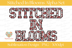 Stitched floral alphabet PNG set featuring bold varsity-style letters A through Z with red, black, and white flower patterns, stitched outlines, transparent background, 300 DPI sublimation design for personalized crafts and monograms.