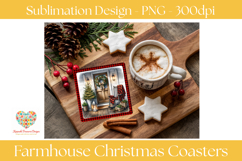 Set of four farmhouse Christmas coaster sublimation PNG designs featuring buffalo plaid borders, a holiday wreath on a rustic window, cozy front porch with rocking chair, winter floral arrangement with lantern, and festive farmhouse dining table decorated