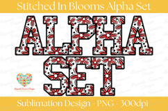 Stitched floral alphabet PNG set featuring bold varsity-style letters A through Z with red, black, and white flower patterns, stitched outlines, transparent background, 300 DPI sublimation design for personalized crafts and monograms.
