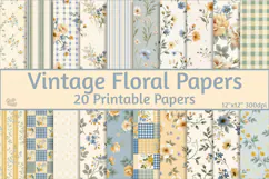 Vintage Floral Digital Paper, Gingham Scrapbook Pages Product Image 1