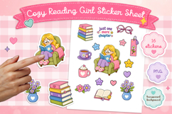 Cozy Reading Girl Sticker Sheet PNG, Cute Book Lover Set. Product Image 1