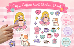 Cozy Coffee Girl Sticker Sheet PNG, Kawaii Sticker Set. Product Image 1