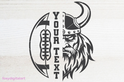 The image features a bold graphic design of a Viking and a football. On the left side, there is a football with the text "YOUR TEXT" in large, bold font. On the right side, a Viking face is shown with a helmet and a detailed beard. The design is black and