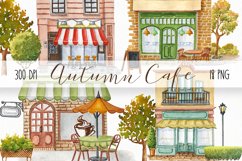 Watercolor Autumn Cafe Clipart. Fall City Landscape Clipart. Product Image 1