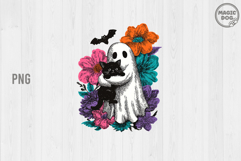 Retro Watercolor Halloween Ghost with Black Cat, Spooky Cat Product Image 1