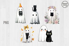 25 Watercolor Halloween Ghost with Black Cat PNG Product Image 2