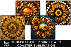Tooled Leather 3D Sunflower Coaster Sublimation Design PNG Product Image 2