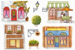 Watercolor Autumn Cafe Clipart. Fall City Landscape Clipart. Product Image 2