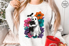 Retro Watercolor Halloween Ghost with Black Cat, Spooky Cat Product Image 2