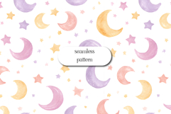 Seamless Watercolor Moon and Stars Pattern in Pastel Colors Product Image 1