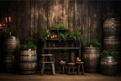 Rustic wooden barrels and fern decor in dimly lit room Product Image 1