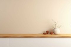 Serene home decor on wooden shelf against beige wall Product Image 1