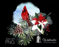 Watercolor Christmas clipart with cardinal bird. Sublimation Product Image 4