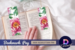 Watercolor pink peony flower and green leaves Bookmark PNG Product Image 1