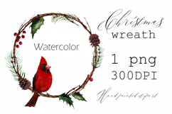 Watercolor Christmas wreath clipart with cardinal bird Product Image 1