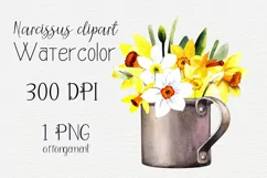 Watercolor spring flower clipart. Daffodils in a cup. PNG Product Image 1