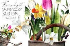 Watercolor spring flowers clipart in watering can.Floral PNG Product Image 1