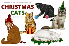 Christmas Cats Clipart, Watercolor Holiday Sublimation Set Product Image 1