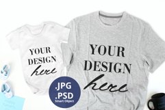 Baby bodysuit & Men's Gray T-shirt Mockup PSD Father's Day Product Image 1