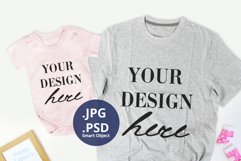 Baby Girl Bodysuit & Gray T-shirt Mockup PSD Father's Day Product Image 1