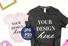 Baby Girl Pink Bodysuit & Dark Gray T-shirt Mockup, PSD JPG Product Image 1
