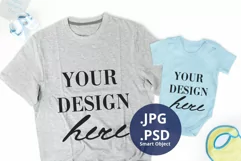 Baby Boy Bodysuit & Gray T-shirt Mockup PSD Father's Day Product Image 1