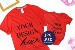 Red Mens T-shirt & Red Baby bodysuit Mockup, Father's Day Product Image 1