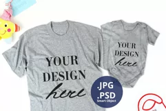 Gray Baby bodysuit & Dad T-shirt Mockup, Father's Day PSD Product Image 1
