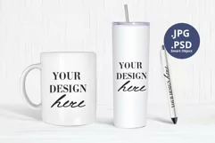 Pen, Skinny Tumbler & Mug Mockup, Sublimation Mockup PSD Product Image 1