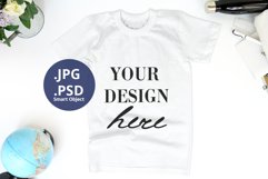 T-shirt mockup on desk, Back to school White T-shirt Mockup Product Image 1
