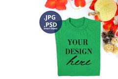 Green folded T-shirt mockup Autumn Thanksgiving, Fall mockup Product Image 1