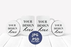 Two 15oz coffee mugs & round coasters mockup, full wrap PSD Product Image 1