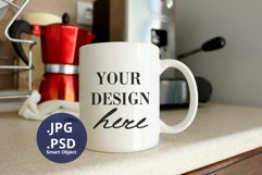 White Mug mockup PSD, Kitchen background PSD & JPG Product Image 1