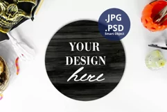 Halloween Black wood door sign mockup, Dark wood round sign Product Image 1