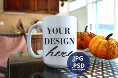 15oz White Mug Halloween mockup PSD, Autumn background PSD Product Image 1