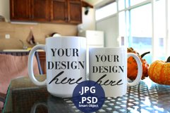 Two White Mugs 15 & 11oz Halloween mockup PSD Autumn JPG Product Image 1