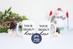 Two 15oz Christmas Mugs Mockup PSD,Double Mugs Mockup Winter Product Image 1