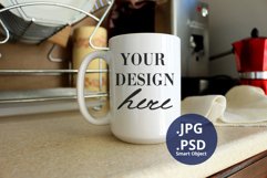 White Mug 15 oz mockup PSD, Kitchen background PSD & JPG Product Image 1