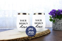 Two White Wine Tumblers Mockup Flower background, PSD Mockup Product Image 1
