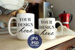Two White Mugs 15 & 11 oz mockup PSD, Kitchen background PSD Product Image 1