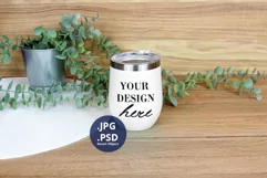 White wine tumbler Mockup Flower and Wood background PSD JPG Product Image 1