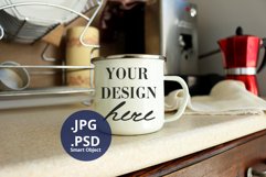 White Camping Mug mockup PSD, Kitchen background PSD & JPG Product Image 1