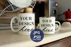 White Camping & 11oz Mugs mockup PSD, Kitchen background PSD Product Image 1