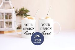 Two white mugs with topper Christmas Mockup PSD, 11oz mug Product Image 1